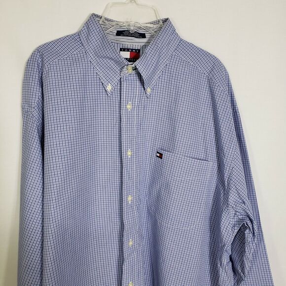 Tommy Hilfiger Mens Shirt Large Button Long Sleeve Plaid Blue Cotton Logo Pocket - Picture 3 of 11